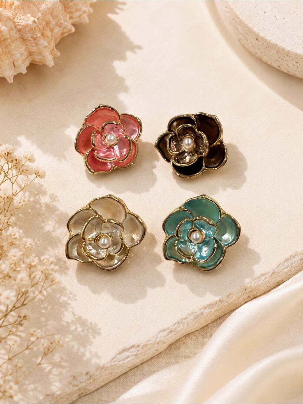 4 Floral Enamel Pearl brooch pins set Pink, Black vintage retro inspired elegant
